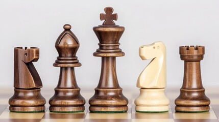 A close-up of chess pieces showcasing a mix of dark wooden pawns and a light-colored knight, highlighting the game's strategic elements.