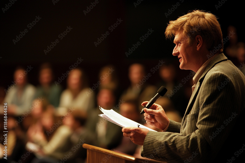 Poster university professor engages students in lecture