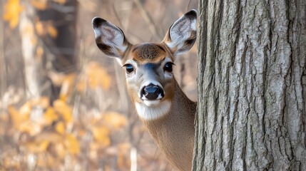 Curious White-Tailed Deer Peeking from Behind Tree Trunk in Autumn Woods tan fawn fall wild eyes    
