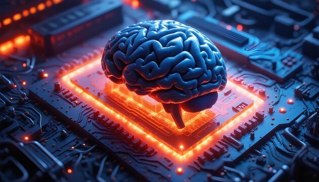 a blue brain on top of an orange square within a circuit board.