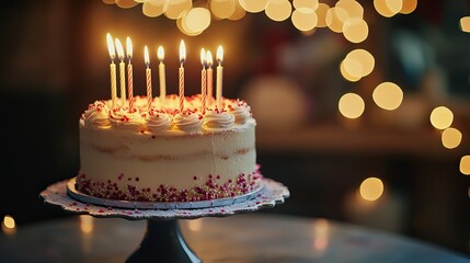 Elegant birthday cake with lit candles on stand, soft glow festive background