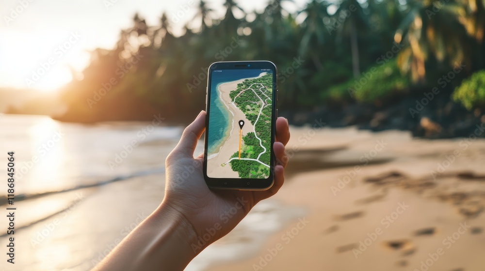 Poster hand holding smartphone displaying online map with gps location pin on a beautiful tropical beach at