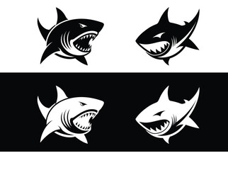 Shark silhouette vector icons on a white and black background.