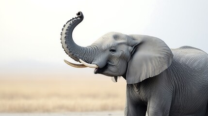 Obraz premium Majestic African Elephant with Trunk Raised High, Wildlife Photography grey gray calm tusks ivory 