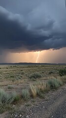 Dramatic thunderstorm with lightning over open plain horizon.