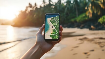 Hand holding smartphone displaying online map with gps location pin on a beautiful tropical beach at sunset, providing navigation and location services for travelers