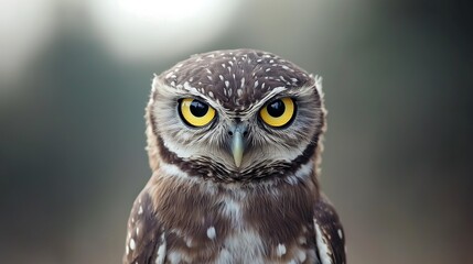 Close-up Portrait of a Spotted Owl with Bright Yellow Eyes, Detailed Feathers, Wildlife Photography 