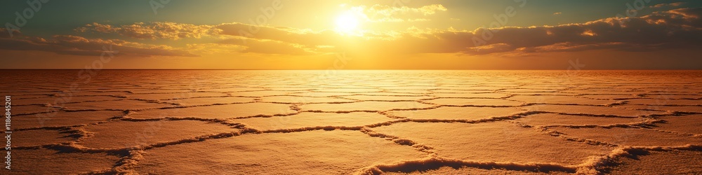 Aufkleber panoramic view of the iconic hexagonal salt patterns glowing under golden sunlight, stretching endle