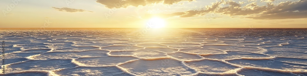 Aufkleber panoramic view of the iconic hexagonal salt patterns glowing under golden sunlight, stretching endle