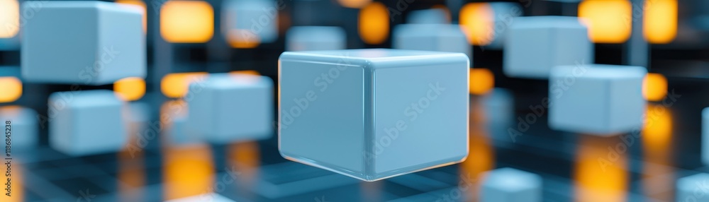 Aufkleber a series of floating blue cubes set against a blurred background of glowing orange lights, creating 