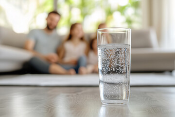 A glass of water with happy family in background healthy life concept 