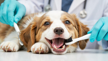 Gentle vet cleaning puppy's teeth, calm care and health