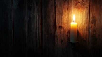 A Single Lit Candle Against a Rustic Wooden Wall Background, A Peaceful and Serene Atmosphere