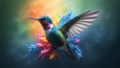 Fototapeta premium A hummingbird with vibrant colors and wings spread wide is hovering above an explosion of multicolored paint.