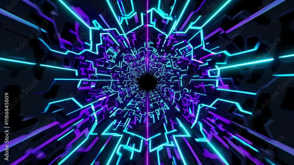 Poster exploring a vibrant neon tunnel with dynamic lights in a futuristic digital environment