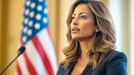 Woman government official delivers speech with passion as the American flag stands tall in the background during an important press conference