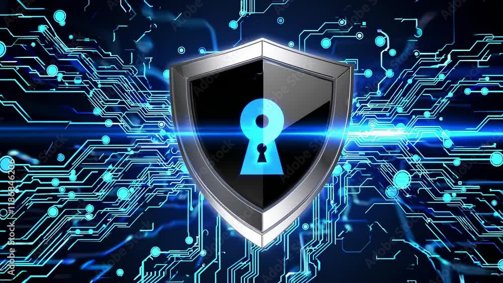 Poster digital security shield protecting sensitive data with circuit design in the background