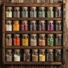 rustic wooden shelf filled with spices, shelf with cooking ingredients
