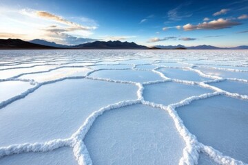 Obraz premium A flat design of Salar de Uyuni hexagonal salt patterns, surrounded by minimalist clouds and a vibrant blue sky on a white canvas