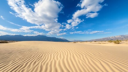 Expansive Sandy Desert Landscape with Rippled Dunes and Clear Blue Sky : Generative AI