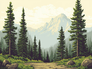Fototapeta premium Lush forest landscape with mountains in background, serene nature scene