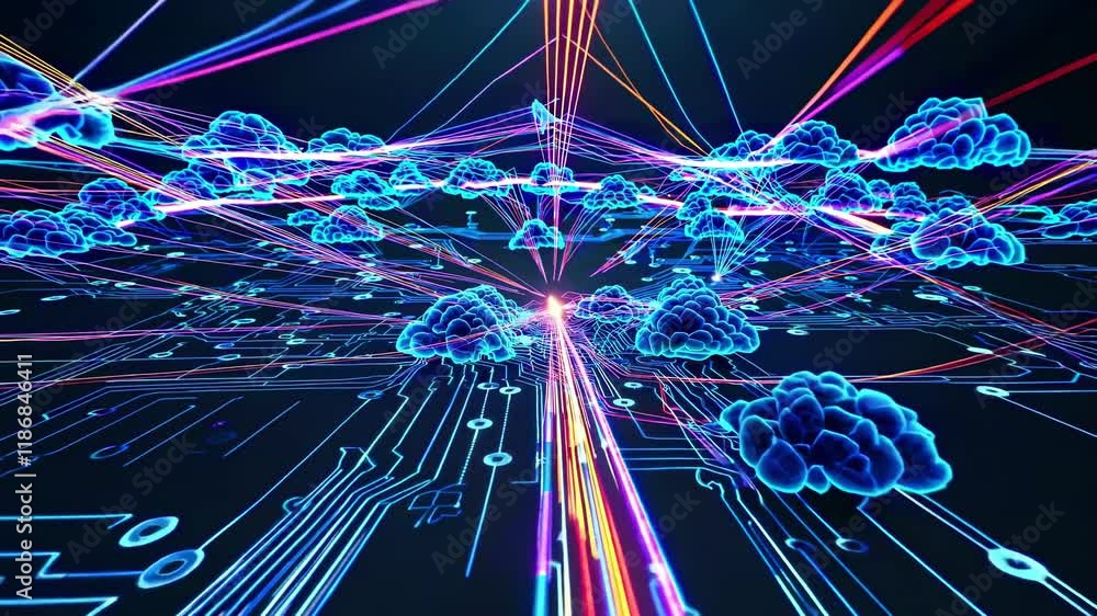 Poster exploring the intersection of technology and digital art in a futuristic landscape