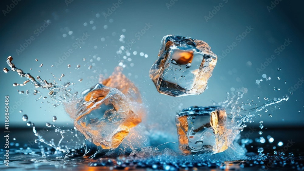 Poster dynamic splash of ice cubes in water creates a refreshing and cool atmosphere, ideal for drink and b
