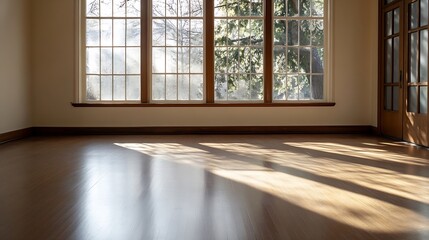 Fototapeta premium Sunlit Empty Room Interior with Large Windows Overlooking Forest in Serene Surroundings : Generative AI