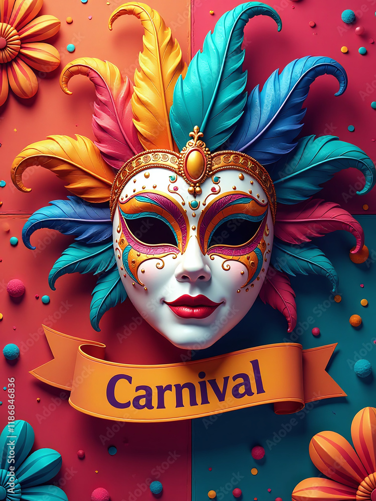 Poster A Vibrant Colorful Background Featuring A Festive Carnival Mask And Banner In Bold, Playful Design Elements And Textures. 00001
