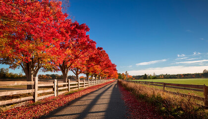 Naklejka premium red autumn foliage explodes in a row of timber on a country lane on a sunny fall day