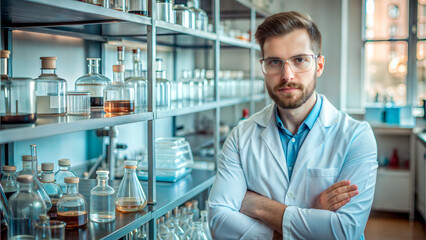Fototapeta premium Shelves filled with glassware in lab equipment storage in the university laboratory