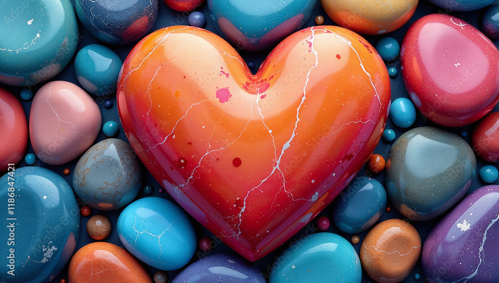 Poster A Vibrant Banner Background Made Up Of Colorful River Stones In A Heart Shape Is Visually Appealing And Unique Design Element. 00001