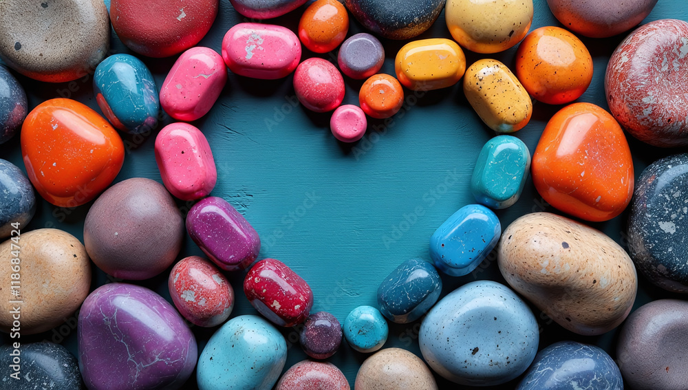 Poster A Vibrant Banner Background Made Up Of Colorful River Stones In A Heart Shape Is Visually Appealing And Unique Design Element. 00002