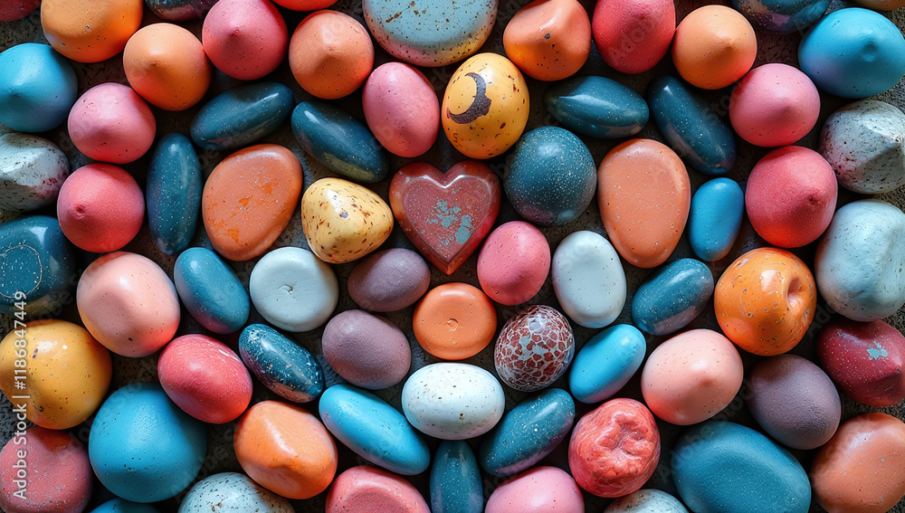 Poster A Vibrant Banner Background Made Up Of Colorful River Stones In A Heart Shape Is Visually Appealing And Unique Design Element. 00003