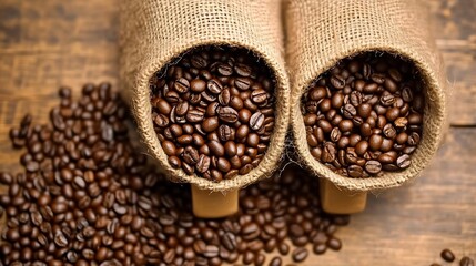 Fototapeta premium Rustic wooden table with burlap sacks spilling fresh roasted coffee beans : Generative AI
