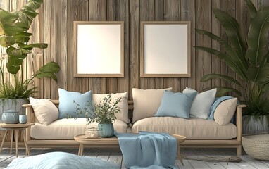 Coastal living room mockup; wooden wall, sofa, plants