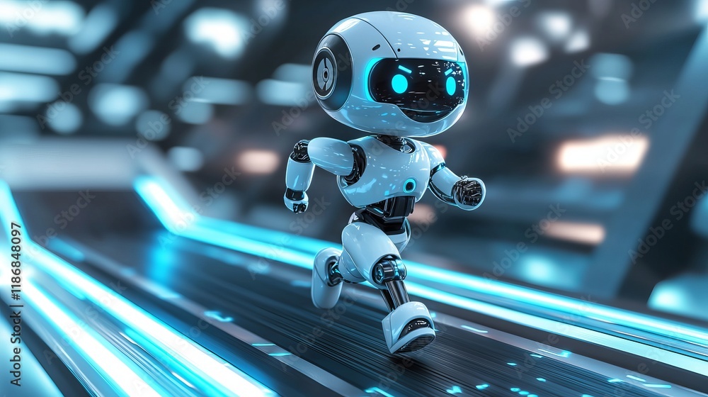 Poster dynamic robot sprinting on an outdoor track with determination and precision in a futuristic setting