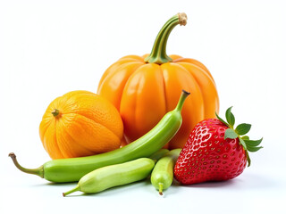 Obraz premium A Variety Of Fruits Including Pumpkin, Bean, And Strawberry Isolated Against A Plain White Background. 00001