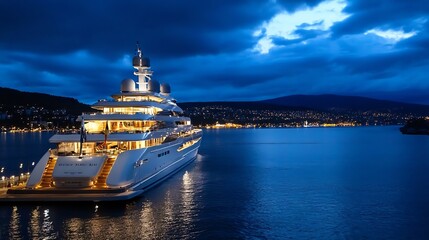 Fototapeta premium Luxurious Private Yacht Moored at Scenic Coastal Harbor during Evening Twilight : Generative AI