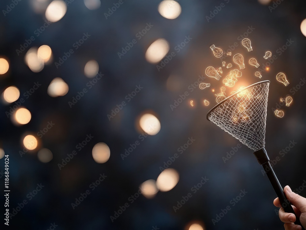 Poster a hand holds a net capturing glowing lights against a blurred dark background, creating a magical an