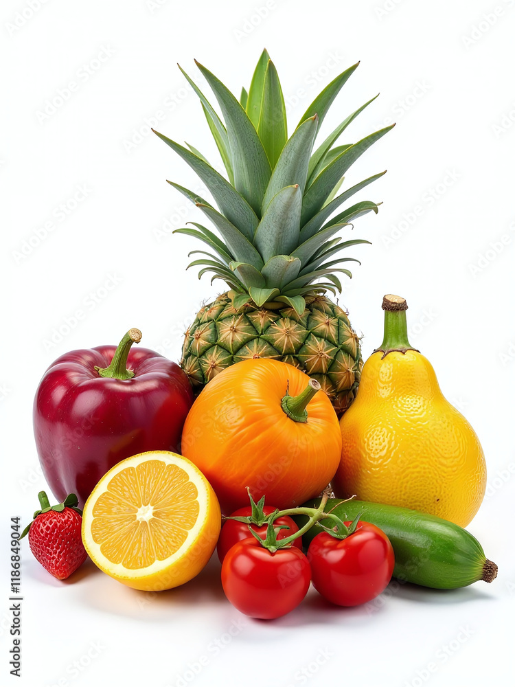 Poster a variety of colorful fruits and vegetables are isolated against a plain white background for visual
