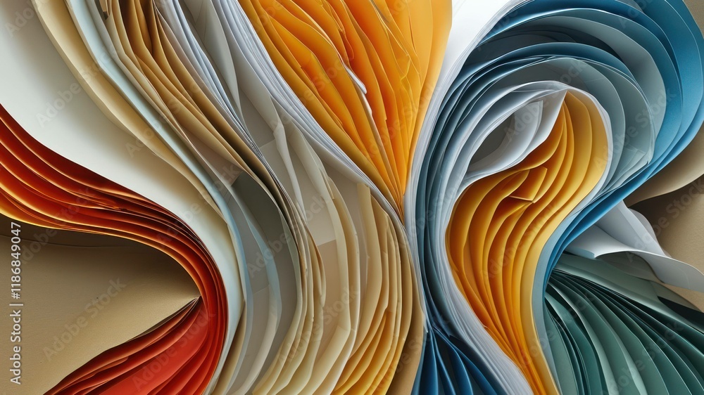 Poster vibrant, abstract layers of colored paper create a dynamic and artistic composition, showcasing craf