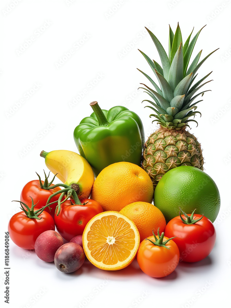 Poster a variety of colorful fruits and vegetables are isolated against a plain white background for visual