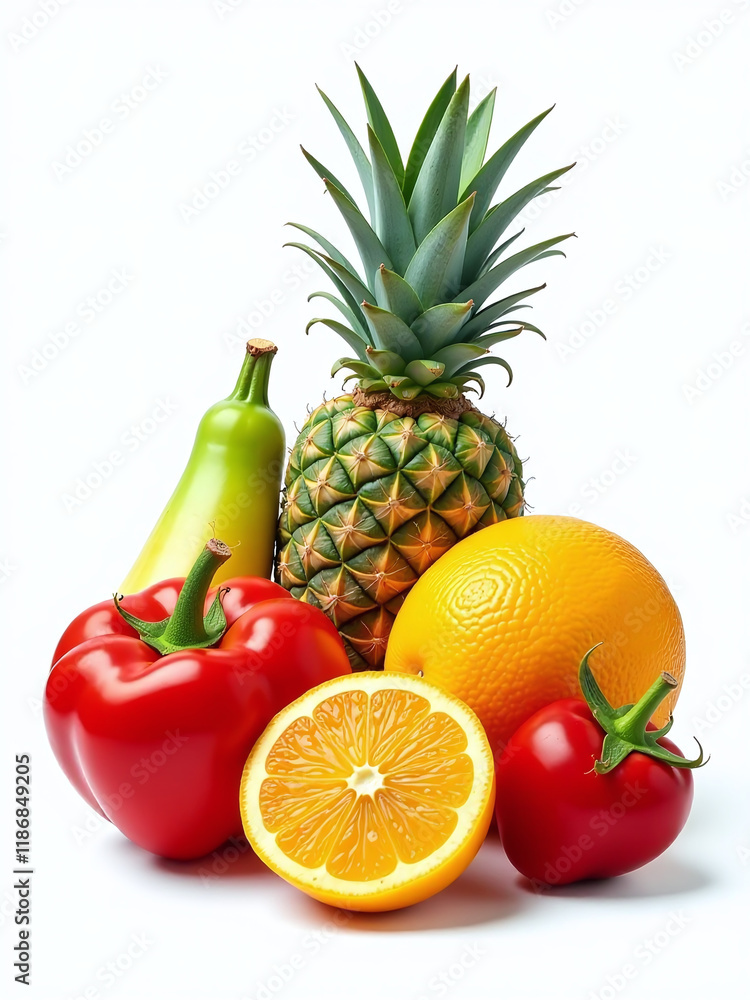 Poster a variety of colorful fruits and vegetables are isolated against a plain white background for visual