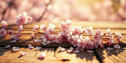 Delicate Pink Blossoms Scattered on a Wooden Surface with a Blurred Background of Sunlit Blooms