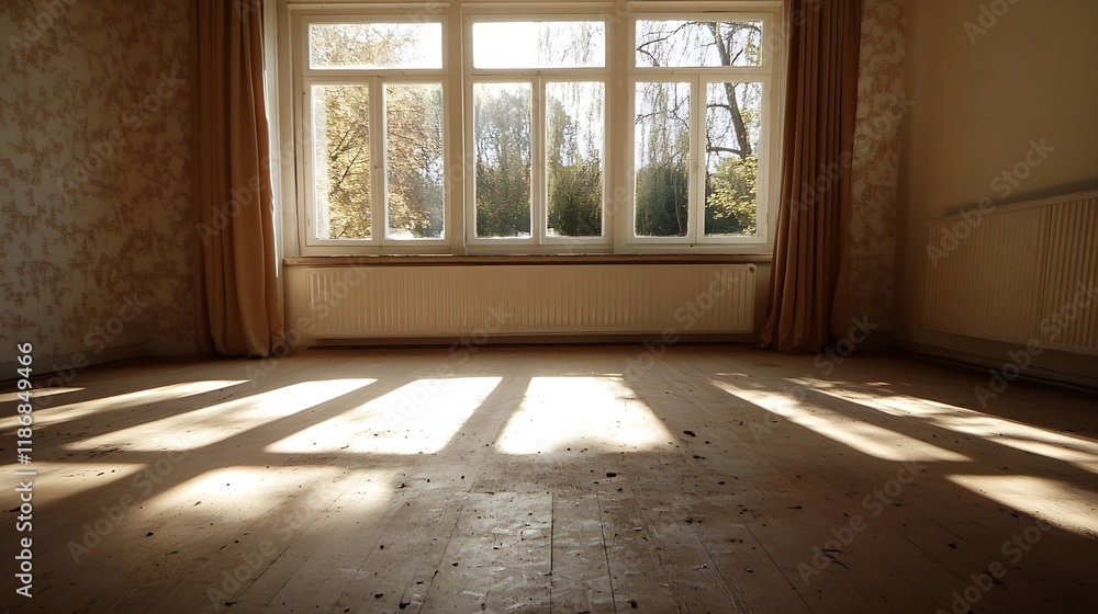 Aufkleber Sunlit Empty Room with Large Windows Casting Patterns on Hardwood Flooring : Generative AI