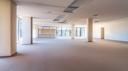 Fototapeta premium Spacious empty office with carpeted flooring and large windows for natural light : Generative AI