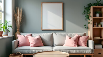 light grey sofa with pink pillows a sunlit room