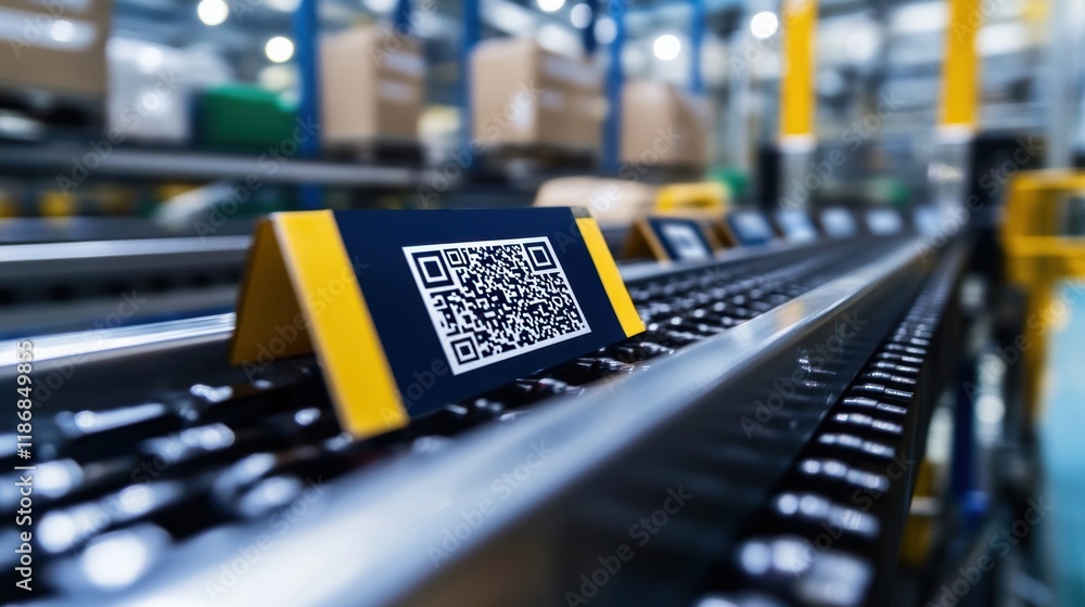 Aufkleber attaching qr codes to packages for identification and tracking while moving along a conveyor system 