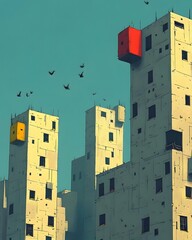 Abstract buildings with colorful faces against a blue sky, featuring birds in flight.